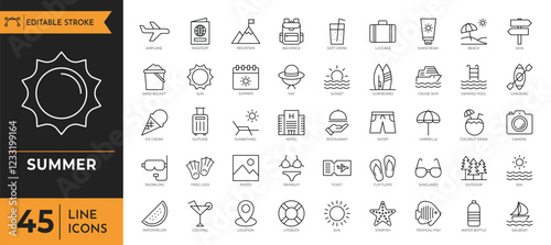 Summer icon set. Vacation and beach outline icons. Containing Travel, beach, tourism, summer holiday, and more. Vector illustration