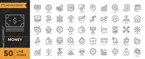 Money icon set. Containing Money, budget, savings, loan, cash, earning, income, wallet, currency, dollar, card, coin, revenue, profit and more. Vector illustration