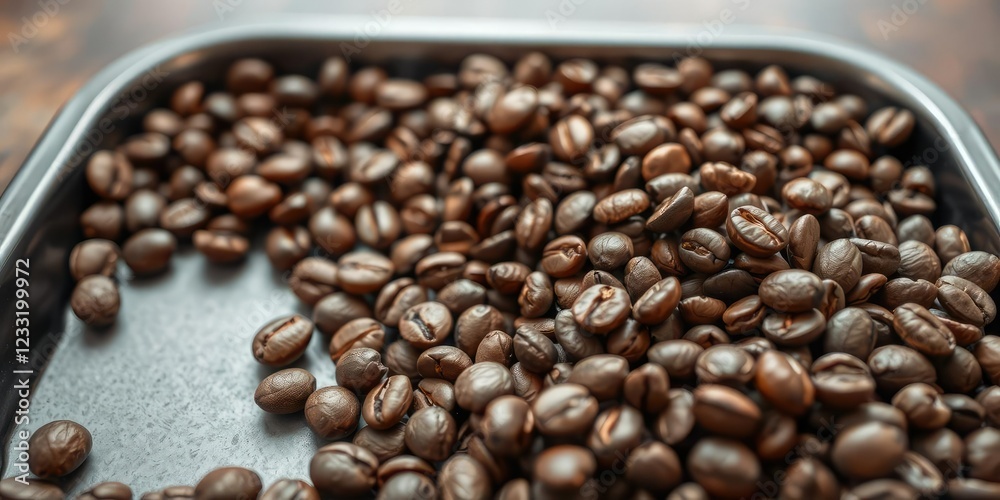 Fototapeta premium Closeup of roasted coffee beans on a tray, texture, meal