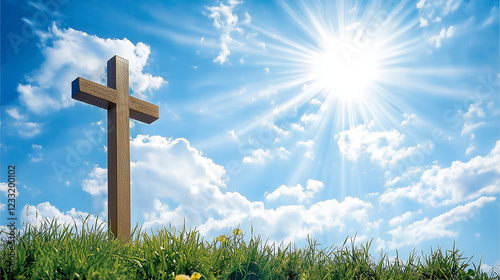 Wooden cross surrounded by green grass under bright sun and fluffy clouds