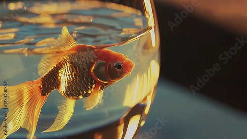 A stunning goldfish swimming in a clear glass bowl with reflections, photorealistic detail
 photo