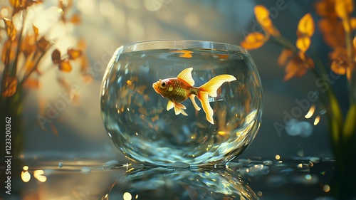 Wallpaper Mural A stunning goldfish swimming in a clear glass bowl with reflections, photorealistic detail
 Torontodigital.ca