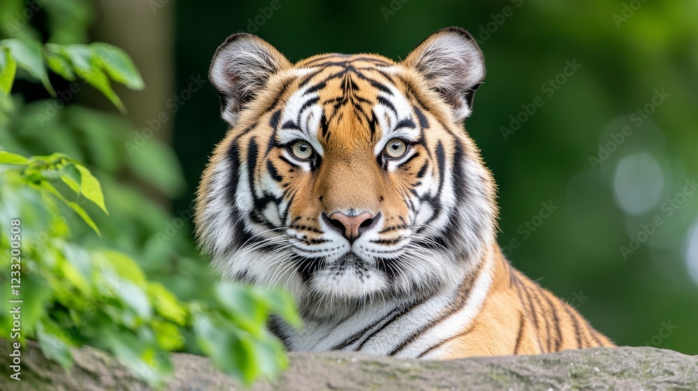 Majestic Tiger Staring Intently Surrounded by Lush Greenery