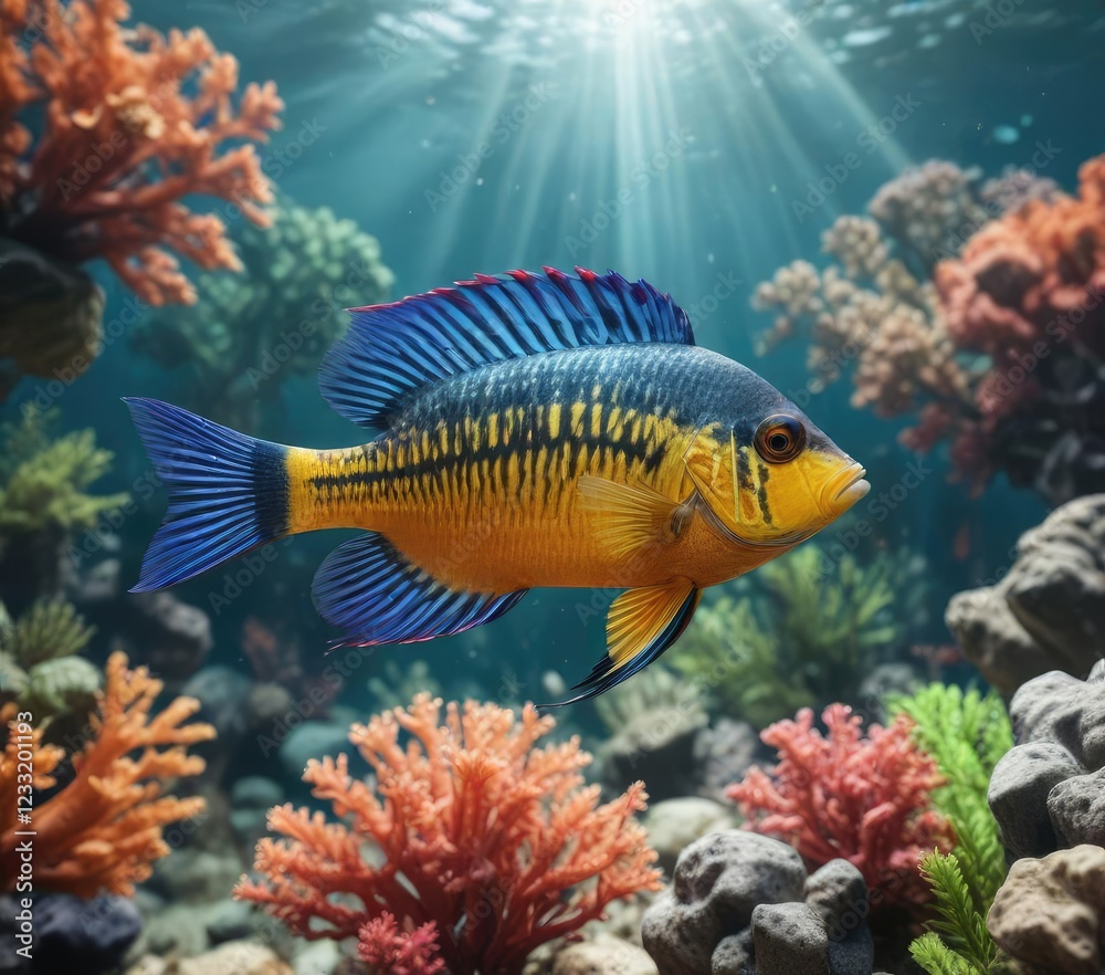 Obraz premium colorful cichlid fish with long fins in a coral garden , fish, marine life
