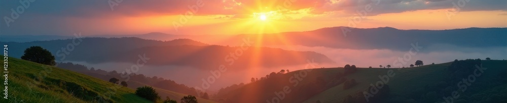 Obraz premium Misty dawn over rolling hills, sun rays pierce clouds, serene, golden hour