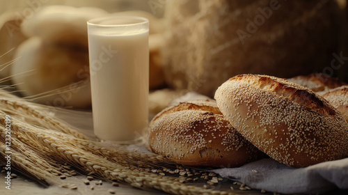 Freshly baked sesame bagels on a rustic table with a glass of creamy milk alongside wheat stalks at a cozy morning setting photo