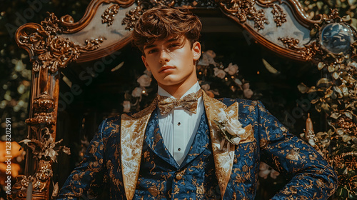 Man in ornate suit, garden throne, sunny day
