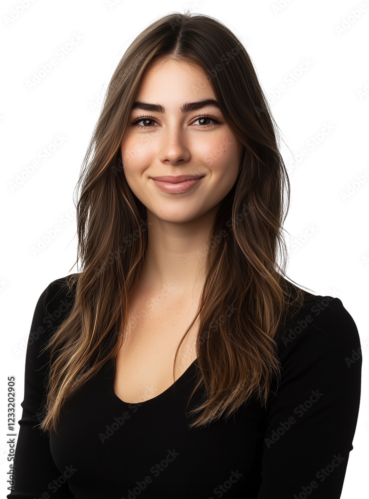 Caucasian woman wearing a black long-sleeve shirt, transparent background (PNG) Caucasian woman wearing a black long-sleeve shirt, transparent background (PNG)