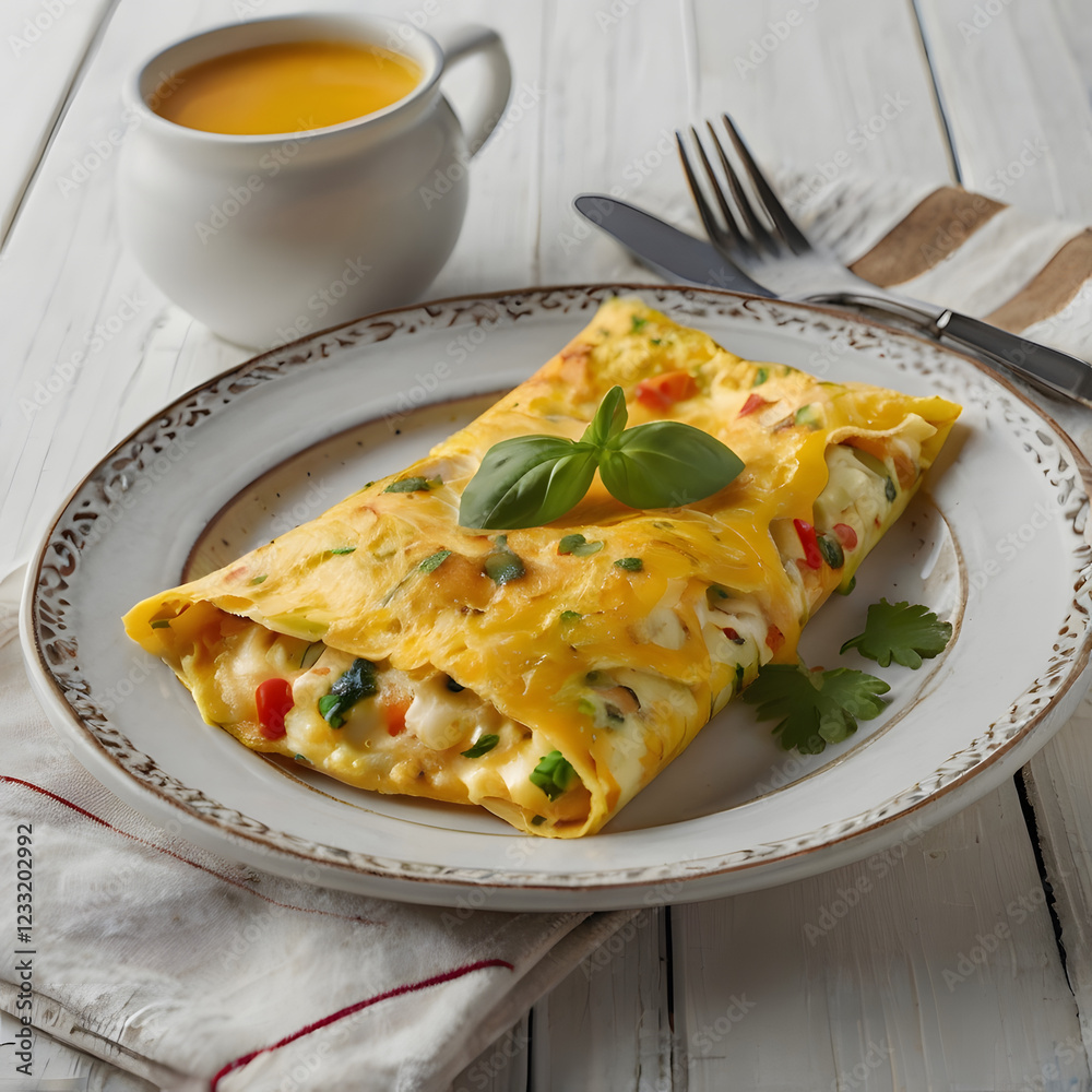 Cheesy Vegetable Omelet: A delectable cheese and vegetable omelet, artfully presented on a rustic plate, garnished with fresh basil. A steaming cup of soup adds to the inviting scene. Cheesy Vegetable Omelet: A delectable cheese and vegetable omelet, artfully presented on a rustic plate, garnished with fresh basil. A steaming cup of soup adds to the inviting scene.