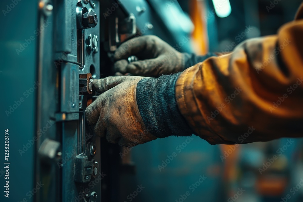Close-up of gloved hands operating industrial machinery. Illustrates manual labor, industrial processes, and skilled craftsmanship. Close-up of gloved hands operating industrial machinery. Illustrates manual labor, industrial processes, and skilled craftsmanship.