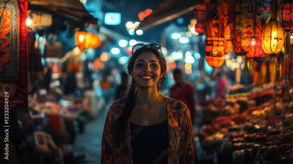 A woman in a colorful jacket stands in a bustling market, surrounded by vibrant lanterns and other market stalls. A woman in a colorful jacket stands in a bustling market, surrounded by vibrant lanterns and other market stalls.