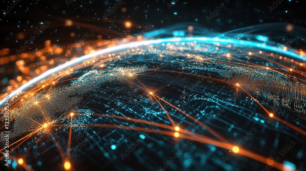 A dynamic motion-blur render of fast-moving data streams forming a digital Earth, illustrating the rapid connectivity of global trade networks. A dynamic motion-blur render of fast-moving data streams forming a digital Earth, illustrating the rapid connectivity of global trade networks.