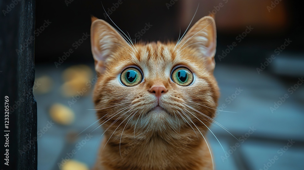 Curious ginger cat with large green eyes gazes intently in a cozy outdoor setting during the afternoon Curious ginger cat with large green eyes gazes intently in a cozy outdoor setting during the afternoon