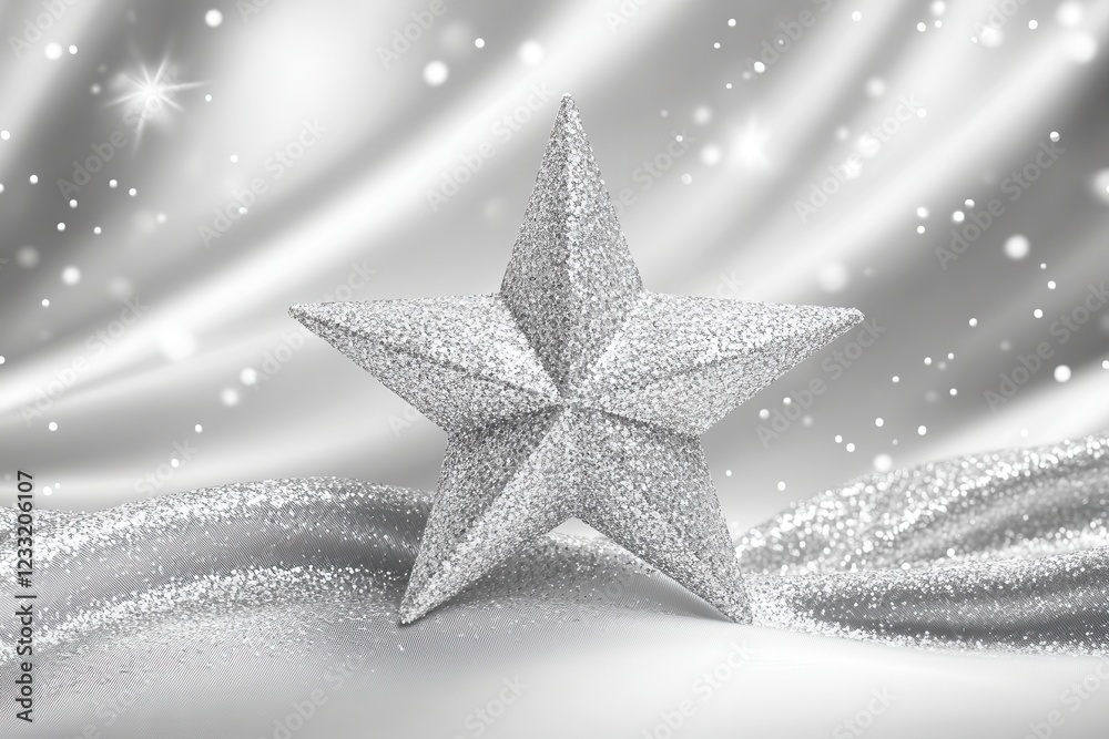 Silver glitter star on shimmering fabric. Perfect for Christmas, holidays, or elegant designs. Silver glitter star on shimmering fabric. Perfect for Christmas, holidays, or elegant designs.