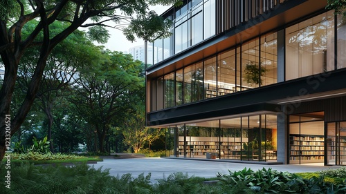 A sleek modern library building with glass windows and green spaces, photorealistic
 photo