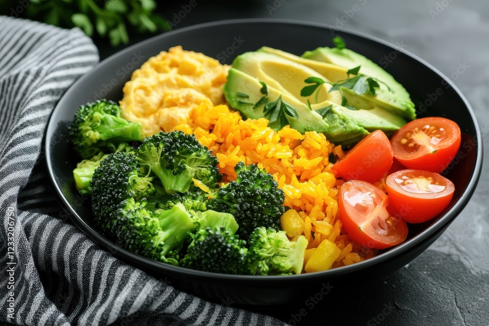 Turmeric and Cauliflower Rice with Vegetables such broccoli, tomatoes and avocado Turmeric and Cauliflower Rice with Vegetables such broccoli, tomatoes and avocado