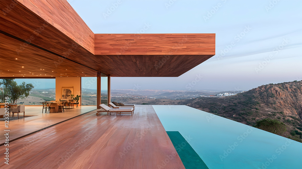 Fototapeta premium Hilltop modern home infinity pool sunset view