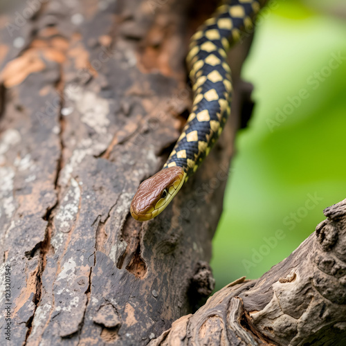 An oriental whipsnake hunts prey on a weathered tree trunk. This exotic reptile has the scientific name Ahaetulla prasina. photo