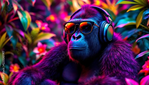 Cool Gorilla in Sunglasses Listening to Music photo