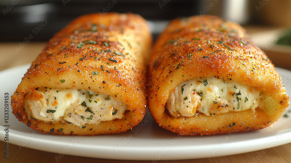 Two golden garlic chicken wraps, crispy on the outside with a delicious filling of cooked chicken and mozzarella, served on a white plate. Two golden garlic chicken wraps, crispy on the outside with a delicious filling of cooked chicken and mozzarella, served on a white plate.