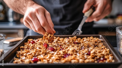 Homemade granola with cranberries, freshly baked on a baking sheet. Perfect for blogs, websites, or recipes showcasing healthy breakfast options.