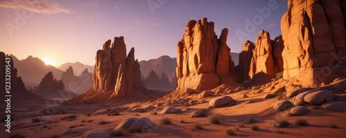 Desert rock formations at dusk with warm light and alpenglow effect , warm light, rock formations photo