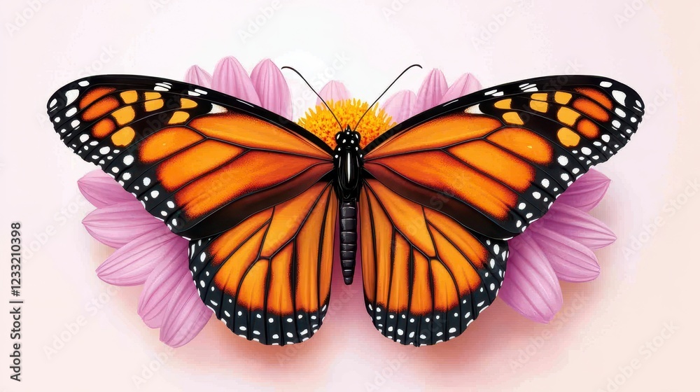 Naklejka premium Vibrant Orange Monarch Butterfly on Pink Flower Background