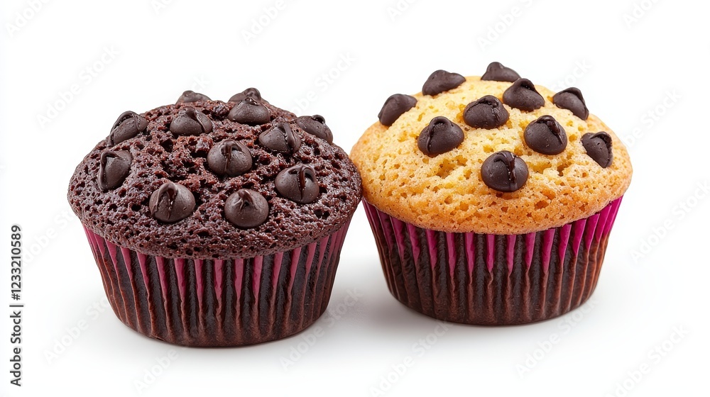 Two gourmet chocolate muffins with a soft crumb, captured in sharp detail against a clean white backdrop, perfect for commercial use Two gourmet chocolate muffins with a soft crumb, captured in sharp detail against a clean white backdrop, perfect for commercial use