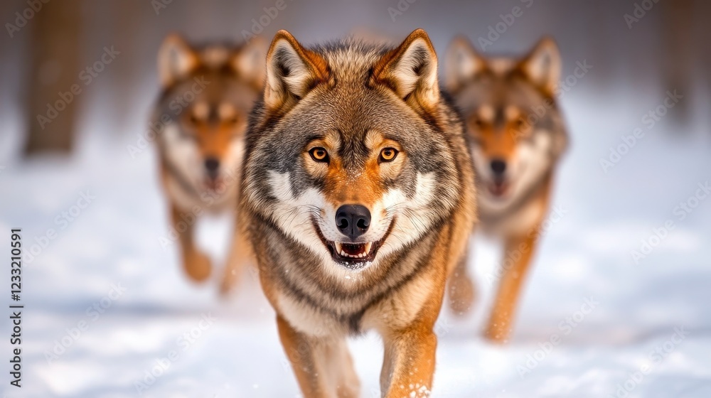 Naklejka premium Group of Wolves Running Through Snowy Forest Landscape