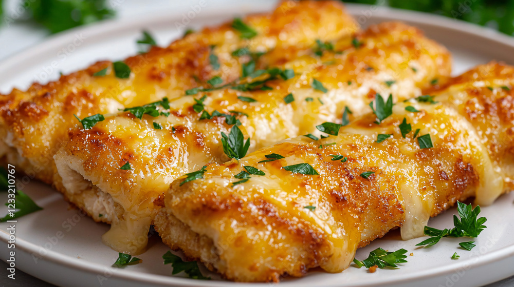 A close-up of crispy garlic chicken wraps with melted cheese and parsley on a white plate, offering a delicious, warm vibe. 
