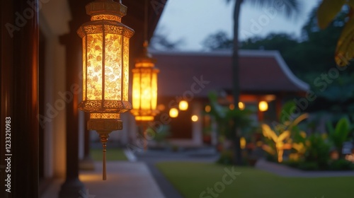 Beautiful Eid Lanterns Illuminate a Serene Evening Outdoor Setting