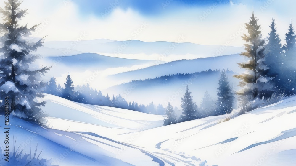 Fototapeta premium A snowy landscape with a road and a fence