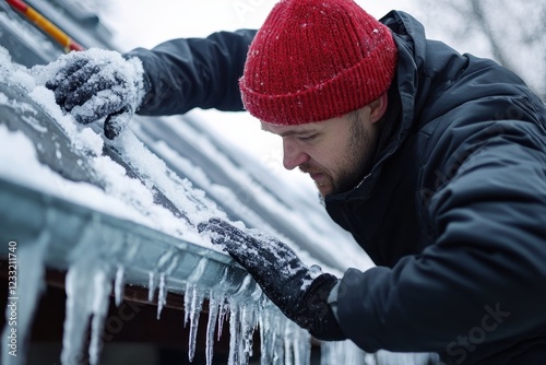 Man removing snow from roof gutter, icy icicles below. Shows winter home maintenance, preventing ice dam damage.
