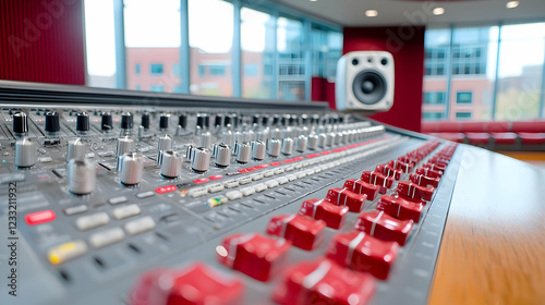 Studio mixing console, recording session, modern building background photo