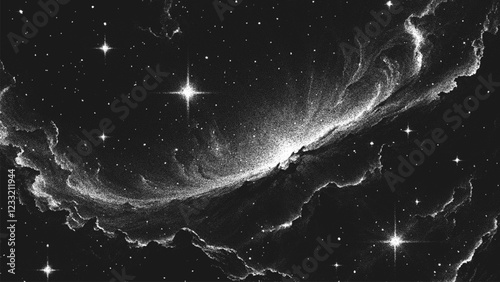 Glowing fiery cosmic phoenix nebula emerging from stardust and gas clouds in deep space. Ethereal space clouds and bright stars in stippling style. Black and white dotted stippling vector illustration