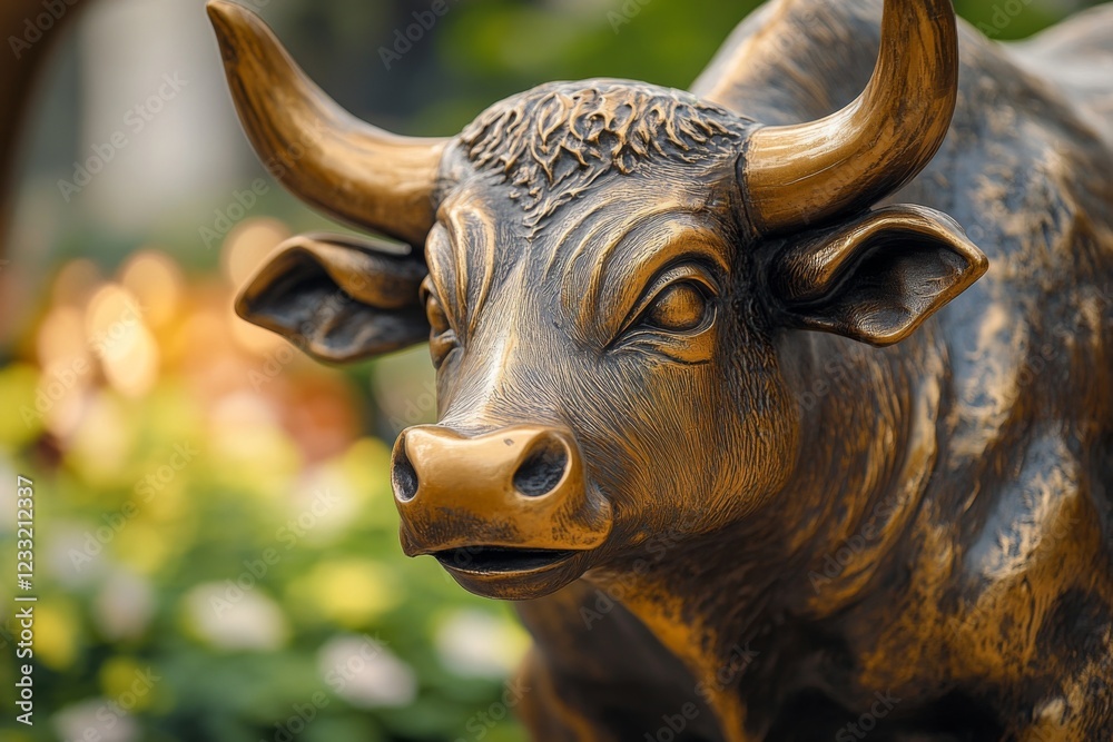 Bronze statue of a bull in a vibrant outdoor setting Bronze statue of a bull in a vibrant outdoor setting