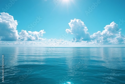 Blue sky with fluffy white clouds over calm ocean waters photo