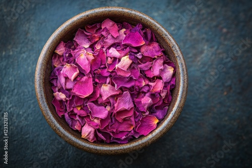 Bowl of dried rose petals on rustic dark background