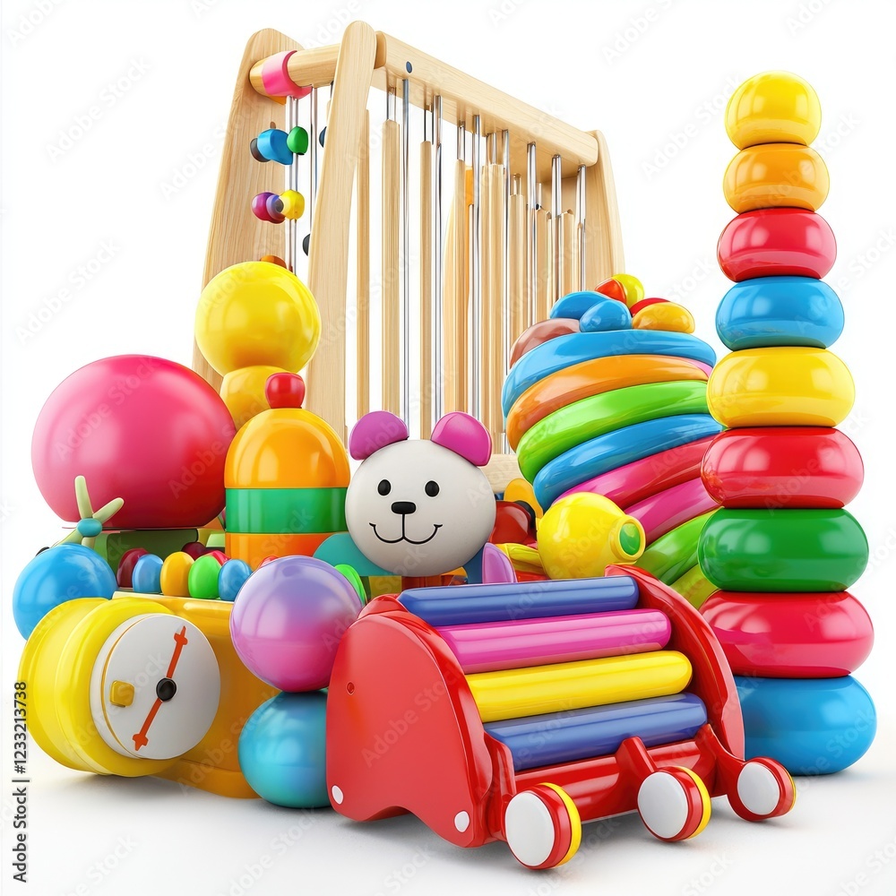 Obraz premium Colorful kids toys collection, playroom, white background, learning