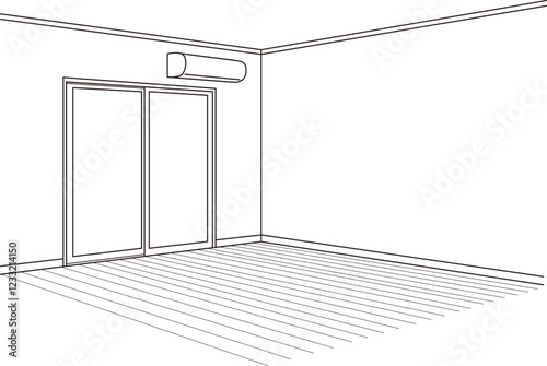 エアコンがついている何もない部屋の線画　ラインパース	