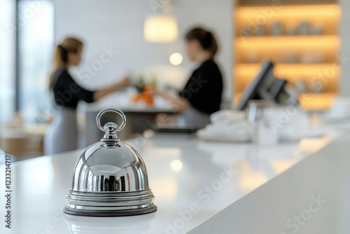 Modern Silver Service Bell on a Minimalist Hotel Counter – Luxury Hospitality and Professional Service  