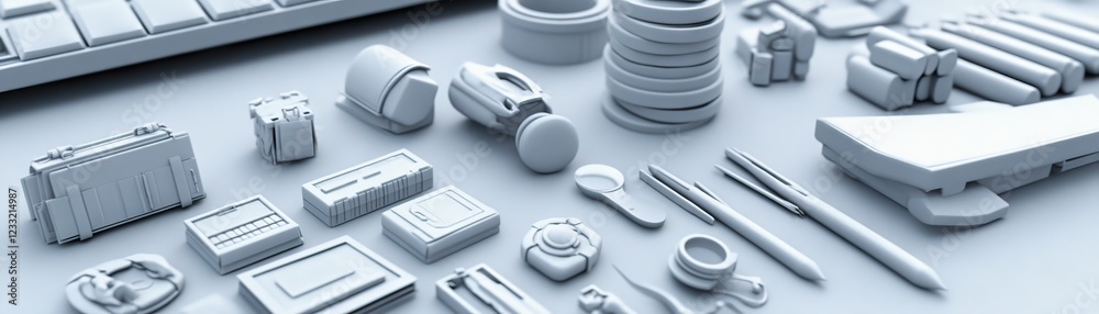 Office supplies arranged on a desk. Background is blurred. Use website banner Office supplies arranged on a desk. Background is blurred. Use website banner