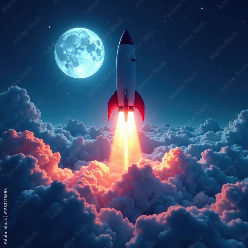 Sleek rocket ascends, moonlit clouds swirl below , fantasy, climb Sleek rocket ascends, moonlit clouds swirl below , fantasy, climb