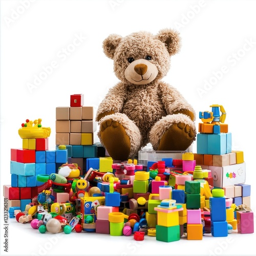Teddy bear amidst colorful wooden blocks and toys; playroom setting; children's play photo