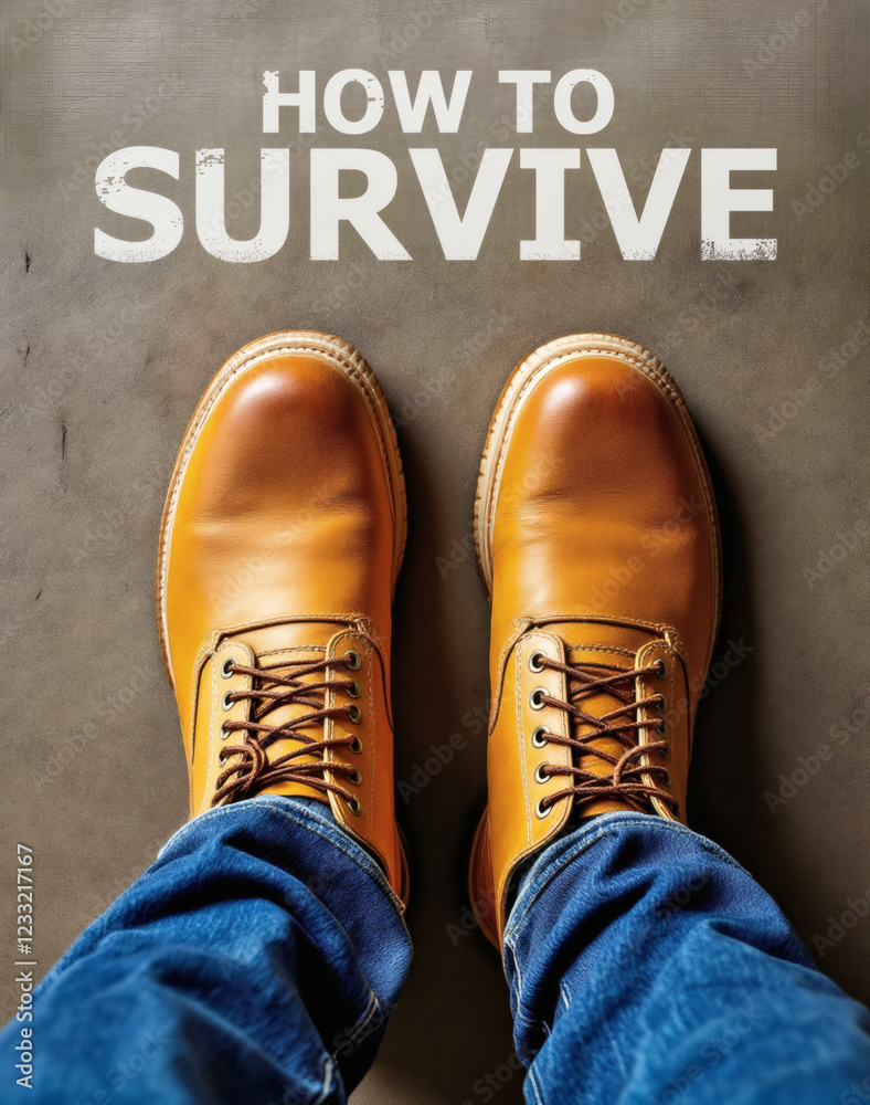 Close-up of tan workman boots with blue jeans on asphalt, featuring survival guide text. Perfect for construction, safety, and outdoor themes. Close-up of tan workman boots with blue jeans on asphalt, featuring survival guide text. Perfect for construction, safety, and outdoor themes.