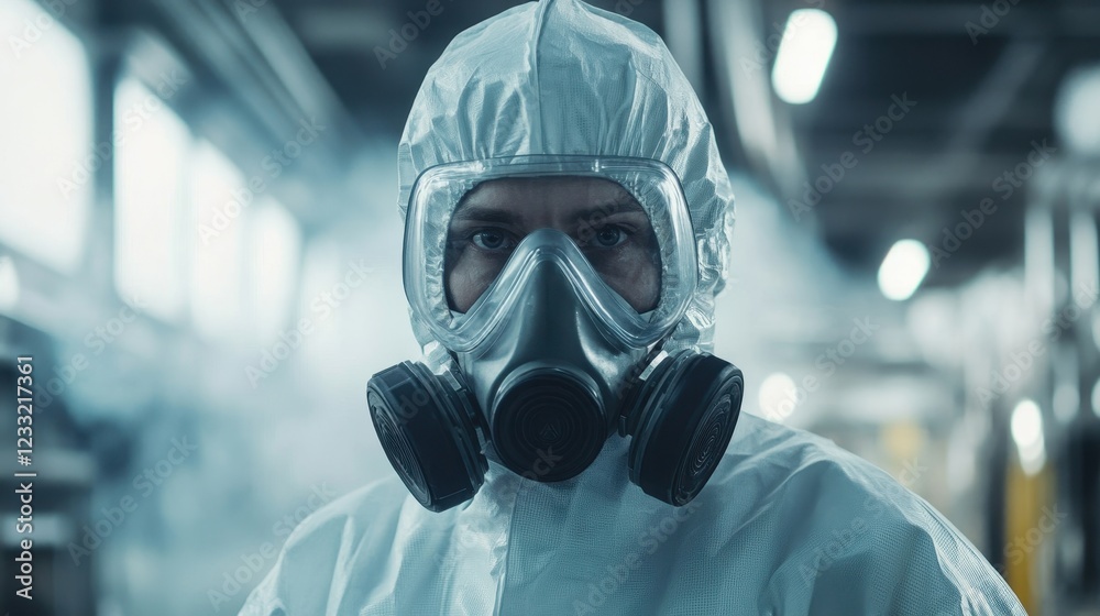 Person in hazmat suit and respirator mask, serious expression. Ideal for illustrating safety, industrial work, or biohazard themes. Person in hazmat suit and respirator mask, serious expression. Ideal for illustrating safety, industrial work, or biohazard themes.