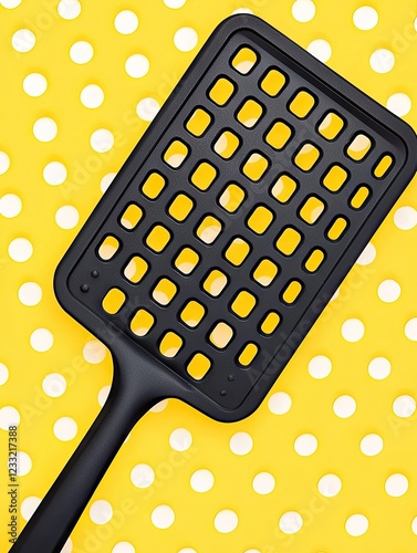 Black fly swatter on yellow polka dot background; pest control photo