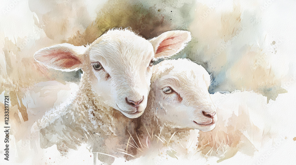 Fototapeta premium Tender watercolor illustration of lambs in serene setting