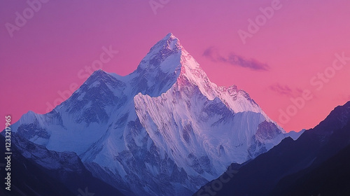 Ama Dablam Peak at Sunrise in the Himalayas with Pink Sky and Majestic Snow Covered Peaks photo