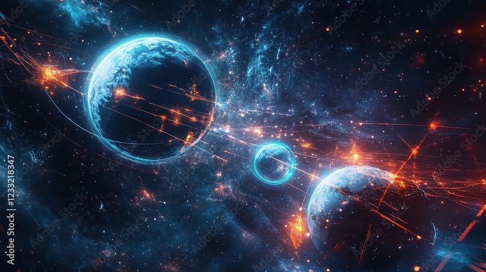 Obraz premium A sci-fi inspired digital artwork of a galactic trade network, where planets are interconnected with glowing energy lines, symbolizing interstellar commerce. 